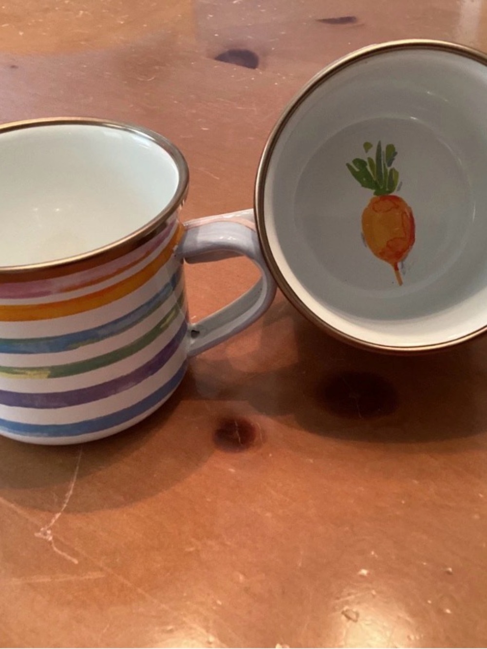 PAIR OF MCKENZIE-CHILDS PASTEL STRIPED ENAMEL DOUBLE HANDLE 8 OZ
CUPS